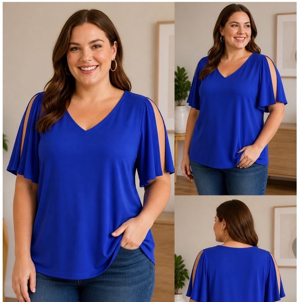 NEW Liz Claiborne XXL‎ Bold Blue V-Neck Flutter Short Sleeve Cobalt Office Party